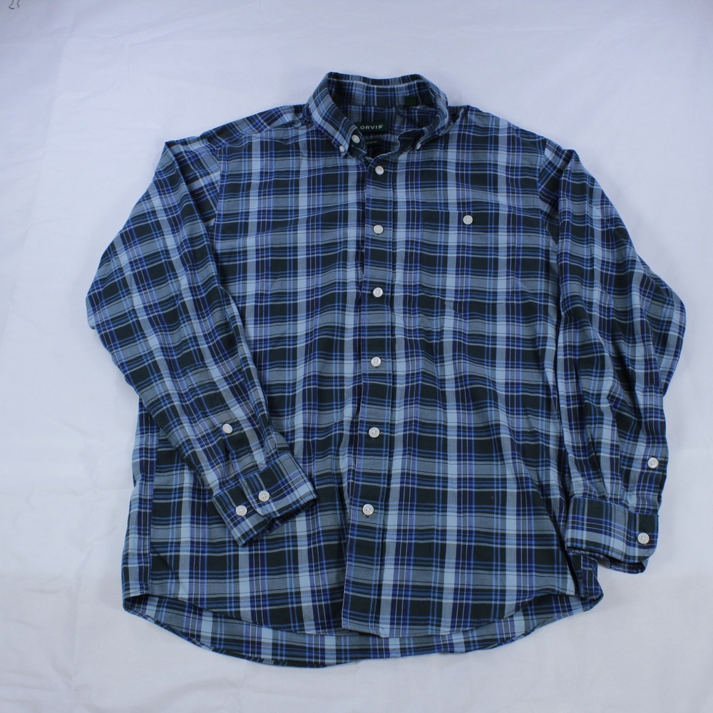 Orvis Button-Down Shirt – Blue and Black Plaid – Size L (Casual/Outdoor Style)